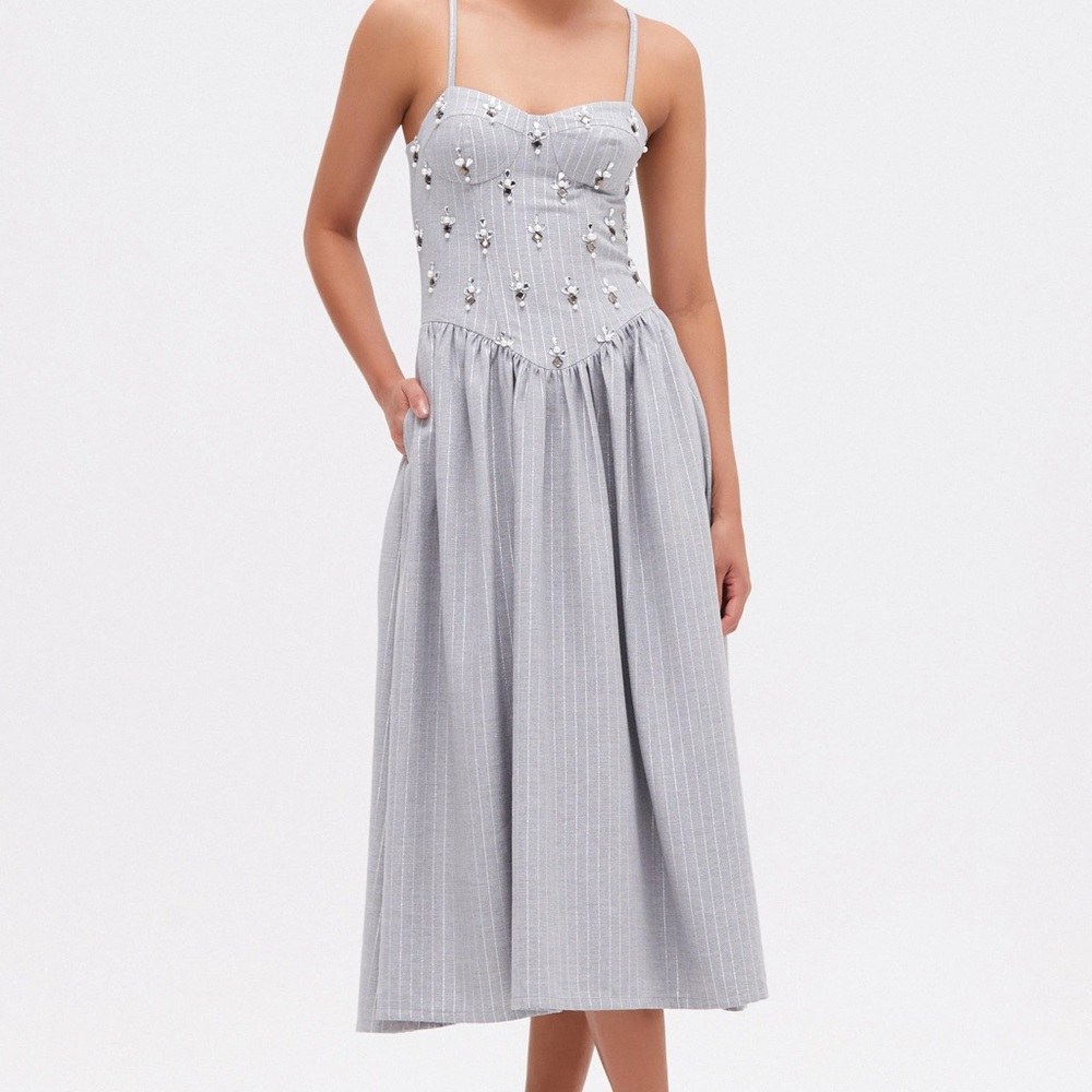 PatBO Gray Embellished Dress METALLIC PINSTRIPE MIDI DRESS